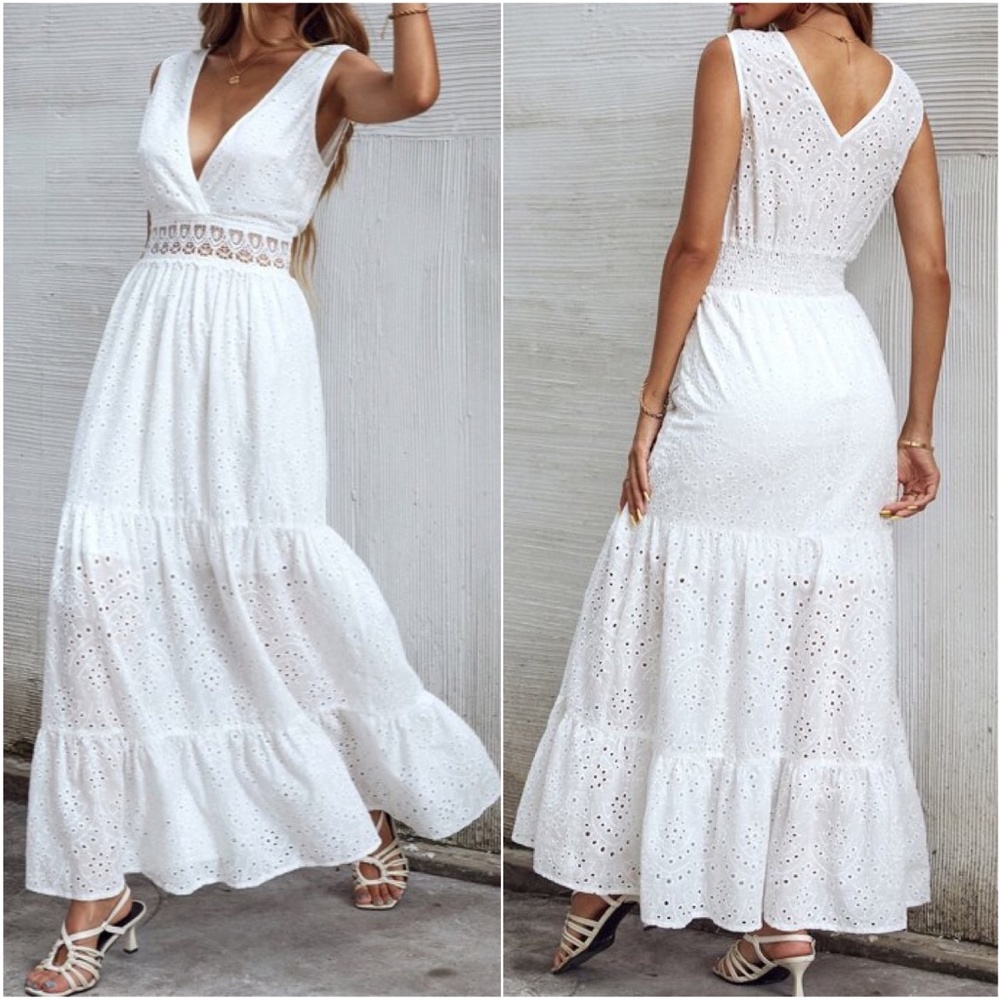 Bohemian White  V neck Floral Eyelet Ruffle Maxi Dress - Picture 2 of 3